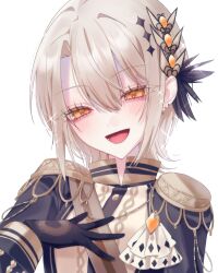  1girl :d aiguillette black_coat black_gloves blonde_hair coat curtained_hair diamond_hair_ornament epaulettes gloves hair_ornament hand_on_own_chest hasumi_leia high_collar highres long_sleeves looking_at_viewer mahou_shoujo_no_majo_saiban open_mouth portrait sash short_hair shoulder_sash simple_background smile solo sparkle un_(prmc_aaa) white_background yellow_eyes 