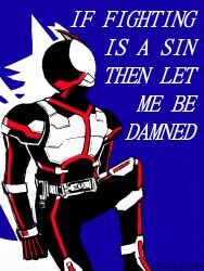  1boy armor ash_kay94 belt blue_background bodysuit commentary faiz_driver faiz_pointer helmet highres kamen_rider kamen_rider_555 kamen_rider_faiz looking_to_the_side male_focus rider_belt simple_background solo tokusatsu 