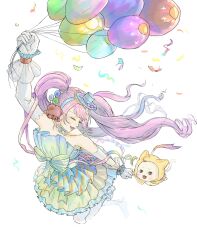  1girl ahoge animal ankle_bow argyle_bow arm_up balloon bare_shoulders blue_bow blue_choker blue_dress blue_hairband blue_hat blue_wrist_cuffs blunt_bangs bow bow_choker cat choker cloak closed_eyes clothed_animal collarbone confetti dance_till_dawn_(infinity_nikki) detached_sleeves dress ear_covers eyelashes flying frilled_dress frilled_headwear frilled_wrist_cuffs frills full_body gloves hairband happy hat hat_bow head_tilt highres holding holding_balloon holding_hands hood hood_up hooded_cloak infinity_nikki laibeibingnatie87107 lolita_fashion long_hair long_sleeves lower_teeth_only mini_hat mini_top_hat momo_(nikki) nikki_(nikki) nikki_(series) official_alternate_costume open_mouth pantyhose pink_hair pink_ribbon pleated_dress pointy_nose purple_bow ribbon ringlets short_dress simple_background smile strapless strapless_dress striped_bow striped_clothes striped_dress stuffed_animal stuffed_toy teddy_bear teeth top_hat twintails two-tone_bow two-tone_dress two-tone_wrist_cuffs very_long_hair waist_bow whiskers white_background white_cat white_gloves white_pantyhose white_sleeves white_wrist_cuffs wrist_cuffs x_navel yellow_bow yellow_cloak yellow_dress 