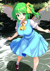 1girl alternate_breast_size_(larger) aqua_skirt aqua_vest ascot bow breasts collared_shirt commentary_request daiyousei fairy fairy_wings green_eyes green_hair hair_bow highres large_breasts looking_at_viewer mist9801km one_side_up open_mouth puffy_short_sleeves puffy_sleeves shirt short_sleeves skirt smile solo touhou vest white_shirt wings yellow_ascot yellow_bow 