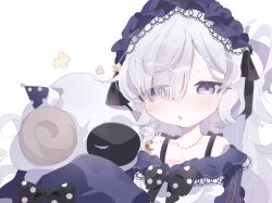  1girl bare_shoulders black_ribbon blue_dress blue_hairband bow collarbone commentary_request crescent crescent_necklace dress dress_bow frilled_dress frilled_hairband frilled_sleeves frills gothic_lolita hair_over_one_eye hair_ribbon hairband highres holding holding_stuffed_toy jewelry lolita_fashion lolita_hairband long_hair long_sleeves looking_at_viewer mahou_shoujo_no_majo_saiban natsume_an-an necklace nemuri_ryonemu off-shoulder_dress off_shoulder polka_dot polka_dot_bow ribbon see-through_hair simple_background sleeve_bow sleeves_past_fingers sleeves_past_wrists solo stuffed_animal stuffed_sheep stuffed_toy upper_body violet_eyes white_background white_hair wide_sleeves 