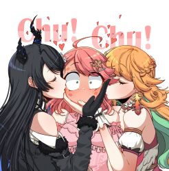  3girls ahoge asymmetrical_horns bare_shoulders black_flower black_gloves black_hair black_horns black_jacket blue_hair blush braid breasts closed_eyes clothing_cutout collar colored_inner_hair commentary_request constricted_pupils demon_horns detached_collar detached_sleeves double_cheek_kiss dress earrings feather_earrings feathers flower frilled_collar frills full-face_blush fur-trimmed_jacket fur-trimmed_sleeves fur_trim gloves green_eyes green_hair hair_ornament hairclip half_up_braid hand_on_another's_cheek hand_on_another's_face heart highres hololive hololive_english horn_flower horns jacket jewelry kiss kissing_cheek lipstick_mark lipstick_mark_on_face long_hair long_sleeves looking_at_viewer medium_breasts menzra88 multicolored_hair multiple_girls nerissa_ravencroft nerissa_ravencroft_(1st_costume) no_mouth official_alternate_costume orange_hair pink_dress pink_hair profile puffy_detached_sleeves puffy_sleeves red_dress romaji_text sakura_miko sakura_miko_(flower_fantasista!) shoulder_cutout takanashi_kiara takanashi_kiara_(drawn_to_dawn) two-tone_hair uneven_horns virtual_youtuber wide-eyed 