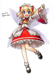  1girl :d ascot black_shoes blonde_hair bloomers blue_eyes bow clenched_hand commentary_request dated fairy fairy_wings fang full_body hair_bow headdress long_sleeves looking_at_viewer mary_janes medium_hair one-hour_drawing_challenge proton red_bow red_skirt shirt shoes skin_fang skirt smile socks solo sunny_milk touhou twitter_username white_bloomers white_shirt white_socks wide_sleeves wings yellow_ascot 