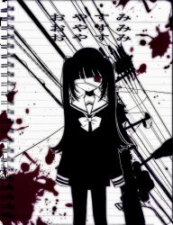  black_hair black_pantyhose black_serafuku blood blood_splatter blunt_bangs bow expressionless eyepatch highres long_hair looking_at_viewer medical_eyepatch monochrome noroi_(rnatataki) notepad original pantyhose power_lines red_eyes sailor_collar school_uniform serafuku sleeves_past_fingers sleeves_past_wrists spot_color translation_request twintails white_bow white_sailor_collar 