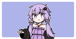  1girl bare_shoulders black_jacket blue_background blush border closed_mouth criss-cross_halter dot_nose dress hair_ornament halter_dress halterneck hand_up ini_(inunabe00) jacket looking_at_viewer off_shoulder open_clothes open_jacket outline outside_border purple_dress purple_hair short_hair_with_long_locks simple_background smile solo upper_body violet_eyes vocaloid voiceroid white_border white_outline yuzuki_yukari 