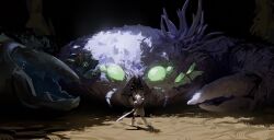  1boy animal crab facing_away full_body holding holding_sword holding_weapon ishida_(segu_ishida) kaiser_crab_(slay_the_spire_2) long_hair military_vehicle oversized_animal ship slay_the_spire slay_the_spire_2 standing sword the_ironclad_(slay_the_spire) warship watercraft weapon white_hair wide_shot 