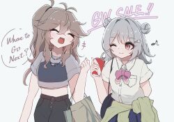  2girls :d alternate_costume bag bi_(bi_trip_machine) black_pants brown_hair cevio closed_eyes closed_mouth clothes_around_waist collared_shirt commentary_request cowboy_shot cup disposable_cup double_bun english_text green_jacket grey_hair grey_shirt hair_bun hair_intakes high_ponytail highres holding holding_cup jacket jacket_around_waist jewelry kasukabe_tsumugi koharu_rikka long_hair looking_at_another medium_hair midriff mole mole_under_eye multiple_girls necklace one_eye_closed open_mouth pants ponytail red_eyes shirt shopping_bag short_sleeves simple_background smile voicevox white_background white_shirt wings 