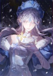  1girl anastasya_feodorovna_snezhnaya artist_name bare_shoulders blue_eyes blue_jacket blue_sleeves blue_tiara breasts center-flap_bangs dark_background detached_sleeves dress fur-trimmed_sleeves fur_trim genshin_impact gloves highres holding jacket kitikatuu long_hair long_sleeves pale_skin pointy_ears signature small_breasts snowing solo tiara upper_body white_dress white_gloves white_hair white_sleeves 