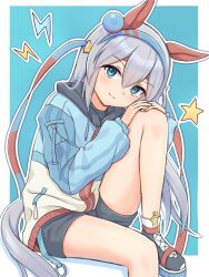  1girl animal_ears black_shorts blue_eyes blue_hairband blue_jacket blush closed_mouth commentary ear_covers grey_hair grey_tail hair_between_eyes hairband headband highres hood hooded_jacket horse_ears horse_girl horse_tail jacket knee_up lightning_bolt_symbol long_hair long_sleeves multicolored_hairband red_headband shoes shorts smile star_(symbol) striped_clothes striped_hairband tail tamamo_cross_(umamusume) two-tone_hairband umamusume untranslatable_commentary very_long_hair zaijian_(xxx1148297) 