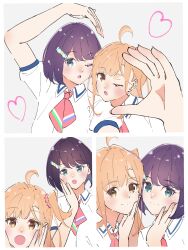  2girls :o absurdres ahoge azabu_mai blue_eyes closed_mouth collared_shirt fujiwaland grey_background half-heart_hands hand_on_own_cheek hand_on_own_face heart heart_arms highres ikizulive!_love_live!_bluebird love_high_school_uniform love_live! mismatched_heart_duo multiple_girls multiple_views orange_eyes orange_hair purple_hair school_uniform shirt smile split_mouth takahashi_polka white_shirt 