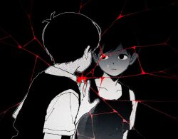  2boys bac0n_pancakes black_eyes black_hair black_sweater_vest black_tank_top closed_mouth collared_shirt commentary_request expressionless looking_at_another male_focus multiple_boys omori omori_(omori) shirt short_sleeves sunny_(omori) sweater_vest tank_top white_shirt 