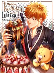  1boy 2026 artist_name birthday_cake black_kimono bleach box brown_eyes cake character_name chest_markings closed_mouth dated food fruit gift gift_box hair_between_eyes happy_birthday highres holding holding_box holding_gift japanese_clothes kimono kon_(bleach) kurosaki_ichigo male_focus me_lauryy orange_hair short_hair smile spiky_hair strawberry stuffed_animal stuffed_lion stuffed_toy sword sword_on_back weapon weapon_on_back 