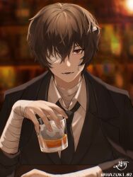  1boy alcohol bandage_over_one_eye bandaged_arm bandaged_neck bandages bandaid bandaid_on_cheek bandaid_on_face black_hair black_necktie blurry blurry_background brown_eyes bungou_stray_dogs champagne coat coat_on_shoulders commentary_request cup dazai_osamu_(bungou_stray_dogs) hair_over_one_eye hazuki_02 highres holding holding_cup ice ice_cube indoors lens_flare looking_at_viewer male_focus necktie one_eye_covered open_mouth shade short_hair smile solo suit twitter_username upper_body 