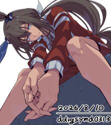  1girl admire_vega_(umamusume) animal_ears brown_hair brown_tail closed_mouth collarbone dogeyama_um ear_covers ear_ornament expressionless fingernails hair_ribbon highres horse_ears horse_girl horse_tail jacket knees long_hair long_sleeves low_ponytail multicolored_jacket own_hands_together pink_eyes ponytail red_jacket red_shorts ribbon shorts single_ear_cover sitting solo tail tracen_training_uniform track_jacket two-tone_jacket umamusume very_long_hair white_background white_ribbon 