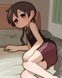  1girl bare_arms bare_shoulders barefoot bed black_tank_top blush brown_eyes brown_hair commentary_request curtains double-parted_bangs feet_out_of_frame highres indoors long_hair lying on_bed on_side open_mouth original pillow red_shorts shorts solo takurada tank_top 