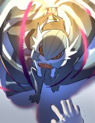  1girl 1other alternate_color black_gloves blue_hair bob_cut colored_skin elbow_gloves gardevoir gloves looking_at_viewer lowres mega_gardevoir mega_pokemon orange_eyes pokemon pokemon_(creature) raine_(acke2445) shiny_pokemon smile white_skin 