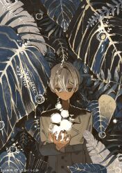  1boy 2024 artist_name closed_mouth coat commentary_request crossed_bangs dark-skinned_male dark_skin dated dot_nose hair_between_eyes highres holding jimini_shijimi long_sleeves looking_at_viewer nature original short_hair solo straight-on upper_body white-haired_man_(jimini_shijimi) white_hair 
