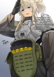 1girl absurdres ammunition armor artist_name blonde_hair blue_eyes breastplate cowboy_shot english_text gloves goddess_of_victory:_nikke gradient_background highres jewelry light_blush long_hair long_sleeves looking_at_viewer looking_down necklace nyahpa20 open_mouth pants pinne_(nikke) salute shotgun_shell solo standing talking white_background 