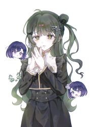  2girls akiha_school_uniform bang_dream! bang_dream!_yumemita black_shirt black_skirt chibi chibi_inset chinese_commentary commentary_request cowboy_shot fuji_miyako green_hair hair_bun hair_ornament hairclip hands_up highres iimajo long_hair long_sleeves mole mole_under_mouth multiple_girls one_side_up own_hands_together purple_hair school_uniform shirt short_hair simple_background single_side_bun skirt steepled_fingers tearing_up viola_(bang_dream!) violet_eyes white_background x_hair_ornament 