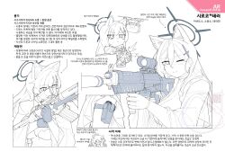  1girl absurdres animal_ear_fluff animal_ears assault_rifle black_gloves blue_archive broken_halo commentary_request cross cross_hair_ornament dress extra_ears flukhan gatling_gun gloves grey_halo greyscale gun hair_ornament halo highres holding holding_gun holding_weapon holster inverted_cross korean_commentary korean_text minigun monochrome multiple_views reloading rifle scope shiroko_terror_(blue_archive) sig_556 sketch solo thigh_holster translation_request watermark weapon wolf_ears wolf_girl 