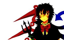  1girl asymmetrical_wings black_hair bow bowtie closed_mouth commentary_request dithering frown highres houjuu_nue looking_ahead looking_at_viewer medium_hair polearm red_bow red_bowtie red_eyes simple_background solo straight-on sweatdrop touhou trident upper_body vita_c0de1ia weapon white_background wings 