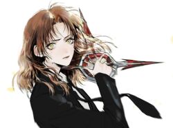  1girl black_jacket black_necktie black_suit brown_hair cissnei collared_shirt commentary_request crisis_core:_final_fantasy_vii crying fighting_stance final_fantasy final_fantasy_vii furrowed_brow holding holding_shuriken holding_weapon jacket lllyuda looking_at_viewer necktie parted_lips shirt shuriken solo suit suit_jacket tears upper_body weapon white_background white_shirt yellow_eyes 