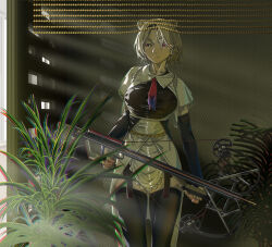  1girl absinthe_(arknights) absurdres alternate_costume animal_ears arknights bead_curtain bear_ears bear_girl black_gloves black_thighhighs breasts brown_hair crossbow dress elbow_gloves fingerless_gloves garter_straps gloves highres holding holding_crossbow holding_weapon indoors medium_breasts plant potted_plant red_eyes short_hair solo thigh-highs weapon white_dress yima_(power222222) 