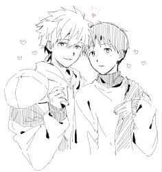  2boys baseball_cap commentary_request cropped_torso drawstring hat heart highres holding holding_unworn_clothes holding_unworn_hat hood hood_down hoodie ikari_shinji light_blush looking_at_viewer male_focus multiple_boys nagisa_kaworu neon_genesis_evangelion scarf short_hair simple_background takuanoisi unworn_hat unworn_headwear upper_body white_background 