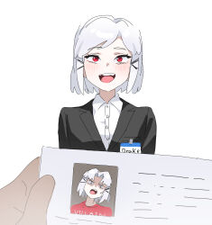  1girl 1other absurdres alternate_costume black_jacket collared_shirt commentary drake_(nikke) dress_shirt goddess_of_victory:_nikke highres jacket open_mouth pov pov_hands red_eyes shirt short_hair smile untranslatable_commentary wge white_background white_hair white_shirt 