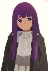  1girl artist_name blunt_bangs closed_mouth commentary_request dress expressionless fern_(sousou_no_frieren) highres hood long_hair looking_at_viewer purple_hair purple_pupils sidelocks simple_background solo sousou_no_frieren upper_body usagihop violet_eyes white_background white_dress 