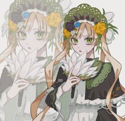  1girl artist_name black_bow black_bowtie black_capelet black_flower black_rose blonde_hair bonnet bow bow_flower bowtie capelet commentary dress feather_fan flower frilled_capelet frilled_dress frilled_sleeves frills green_bonnet green_eyes hair_flower hair_ornament hand_fan highres holding holding_fan lolita_fashion long_hair long_sleeves looking_at_viewer mahou_shoujo_no_majo_saiban mano potesara_00 rose signature simple_background solo tono_hanna twintails twitter_username untranslatable_commentary upper_body white_background white_flower white_rose wide_sleeves winged_hat yellow_flower yellow_rose zoom_layer 