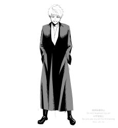  1girl androgynous boots commentary_request greyscale grin hands_in_pockets highres jewelry long_coat monochrome necklace original short_hair sketch smile solo straight-on watermark yoshino_(laencl) 