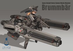  1girl absurdres armor artist_name blonde_hair cannon commentary_request english_text gradient_background grey_background gun highres holding holding_gun holding_weapon joints long_hair mecha_musume original red_eyes rifle robot_joints science_fiction shadow solo soruto_0w98e standing thrusters weapon 