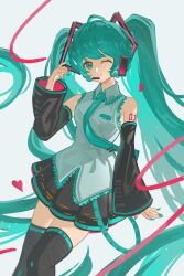  1girl absurdly_long_hair absurdres aqua_eyes aqua_hair aqua_nails aqua_necktie aqua_trim bare_shoulders black_skirt black_sleeves black_thighhighs collared_shirt commentary_request detached_sleeves feet_out_of_frame fingernails grey_shirt hair_ornament hand_up hatsune_miku headset highres huanyin long_hair looking_at_viewer nail_polish necktie number_tattoo one_eye_closed pleated_skirt shirt shoulder_tattoo simple_background skirt sleeveless sleeveless_shirt smile solo split_mouth tattoo thigh-highs tie_clip twintails very_long_hair vocaloid white_background wide_sleeves wing_collar zettai_ryouiki 