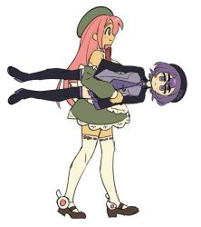  2girls apron bare_shoulders beret black_boots black_hat black_sleeves boots bow brown_shoes carrying carrying_person closed_mouth commentary detached_sleeves dress english_commentary expressionless frilled_apron frilled_dress frills from_side green_dress green_eyes green_hat grey_shirt hat jitome maid maid_apron momone_momo multiple_girls necktie pink_hair pleated_skirt purple_hair purple_necktie purple_skirt purple_trim shirt shoes short_hair simple_background skirt sleeves_past_fingers sleeves_past_wrists smile thick_eyebrows thigh-highs thigh_boots treebarkagain utane_uta utau violet_eyes walking white_apron white_background white_bow white_thighhighs 