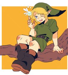  1boy blonde_hair boots border brown_boots fairy full_body green_tunic hat in_tree link male_focus navi open_mouth orange_background phrygian_cap pointy_ears rani_grb short_hair sitting sitting_in_tree smile teeth the_legend_of_zelda the_legend_of_zelda:_ocarina_of_time tree tunic upper_teeth_only white_border 