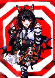  1girl :d ;d aa50833436 ahoge animal_ear_headphones animal_ears arm_belt asymmetrical_legwear asymmetrical_sleeves bare_shoulders bat_wings belt belt_collar black_choker black_hair black_sweater cat_ear_headphones cat_ears choker collar commentary cowboy_shot cross-laced_clothes cross-laced_dress dress eyeball_hair_ornament fake_animal_ears foreshortening from_above headphones highres layered_dress leg_belt long_sleeves looking_at_viewer mahou_shoujo_no_majo_saiban multicolored_hair off-shoulder_sweater off_shoulder one_eye_closed open_mouth orange_eyes orange_streaks red_background sawatari_coco sharp_teeth shirt short_hair single_thighhigh skirt skull slit_pupils smile solo streaked_hair striped_clothes striped_sleeves striped_thighhighs stuffed_animal stuffed_cat stuffed_toy sweater teeth thigh-highs untranslatable_commentary upper_teeth_only white_shirt white_skirt wings 