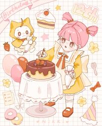  1girl :o ahoge animal ankle_socks apron back_bow balloon banner bib_collar birthday blueberry blunt_bangs blunt_ends blush_stickers bow bowtie brooch brown_eyes brown_pupils cake cake_slice cat character_name cherry child chinese_commentary cinnamon_stick cloak closed_mouth clothed_animal commentary_request curious decorating_baked_goods doughnut dress ear_covers flower flower_brooch food fork frilled_apron frilled_dress frills fruit grid_background hat highres holding holding_food holding_pasteur_pipette hood hood_up hooded_cloak icing jewelry jingyanyan large_bow looking_at_food mary_janes medium_dress momo_(nikki) nikki_(nikki) nikki_(series) open_mouth paper party_hat pink_hair pom_pom_(clothes) red_bow red_bowtie red_shoes shining_nikki shoes short_hair short_twintails socks solid_oval_eyes strawberry table tablecloth tareme traditional_bowtie twintails unworn_hat unworn_headwear whiskers white_apron white_background white_bow white_cat white_flower white_socks yellow_cloak yellow_dress yellow_flower young_nikki_(shining_nikki) 