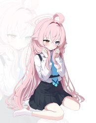  1girl :t absurdres ahoge black_skirt blue_archive blue_eyes blue_necktie blush chest_harness commentary_request dlrkdals070707 hair_between_eyes halo harness heterochromia highres holding_own_hair hoshino_(blue_archive) korean_commentary long_hair long_sleeves necktie pink_hair pink_halo pleated_skirt shirt shirt_tucked_in sitting skirt socks solo wariza white_shirt white_socks yellow_eyes zoom_layer 