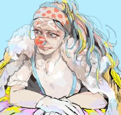  1boy bad_drawr_id bad_id blue_background blue_eyes blue_hair buggy_the_clown closed_mouth clown clown_nose coat coat_on_shoulders fur-trimmed_coat fur_trim gloves long_hair male_focus oekaki one_piece psafv9825 shirt short_sleeves simple_background sitting solo suspenders white_gloves white_shirt 