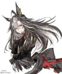  1girl absurdres ahoge animal_ears black_coat black_hair black_sleeves black_tail blue_eyes coat collared_shirt colored_inner_animal_ears colored_inner_hair commentary_request detached_sleeves dream_journey_(reminder_of_dreamland)_(umamusume) dream_journey_(umamusume) eyewear_strap glasses gloves gradient_hair hand_up highres horse_ears horse_girl horse_tail jewelry juliet_sleeves lace lace_gloves long_hair long_sidelocks long_sleeves looking_at_viewer multicolored_coat multicolored_hair multiple_rings parted_lips puffy_sleeves red_coat red_nails red_shirt ring semi-rimless_eyewear shirt sidelocks simple_background single_glove solo tail twitter_username uma_motiyodor umamusume upper_body very_long_hair white_background white_hair yellow_coat 