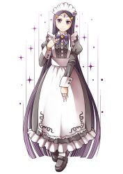  1girl apron black_shoes bombom bow closed_mouth doll_joints forehead_jewel joints maid_apron maid_headdress monster_girl nether_maid_(housamo) official_art purple_bow purple_hair shoes solo third-party_source tokyo_afterschool_summoners transparent_background violet_eyes 