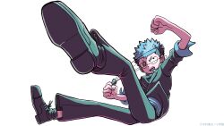  1boy belt black_pants blue_hair chrono_(fate_rewinder) clenched_hands fate_rewinder full_body highres kimura_fuuta_(uldorafu) looking_at_viewer male_focus one_eye_closed open_mouth pants shirt shoes short_hair simple_background solo spiky_hair white_background 