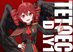  1girl absurdres ahoge angel_wings argyle_background artist_request belt belt_buckle black_bow black_ribbon black_shirt black_skirt black_wings bow buckle cape check_artist collared_shirt double-parted_bangs drill_hair english_text epaulettes hair_between_eyes hand_on_own_hip highres index_finger_raised kasane_teto military_uniform necktie red_background red_bow red_cape red_eyes red_hair red_necktie red_ribbon ribbon second-party_source shachi-kun_jup shirt short_necktie side_cape single_epaulette skirt sleeve_cuffs solo synthesizer_v tetoec twin_drills utau wings wyawon 