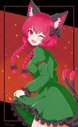  1girl :d ;d animal_ear_fluff animal_ears artist_name black_bow blush bow cat_ears cat_tail commentary_request dress fang frilled_dress frills green_dress hair_bow highres inset_border juliet_sleeves kaenbyou_rin long_hair long_sleeves looking_at_viewer multiple_hair_bows multiple_tails nekomata one_eye_closed outside_border puffy_sleeves red_eyes red_hair seo_haruto smile solo tail touhou two_tails 