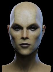  1girl 3d asgeir_jon_asgeirsson autodesk_3ds_max_(medium) bags_under_eyes bald bald_female black_background bokaja_(jakob_falkenberg) closed_mouth colored_sclera commentary english_commentary eve_online expressionless grey_eyes grey_sclera jove_(eve_online) lips looking_at_viewer no_eyebrows nose official_art pale_skin portrait realistic science_fiction simple_background solo undoz veins 