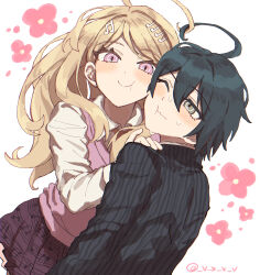  1boy 1girl ahoge akamatsu_kaede black_hair black_jacket blonde_hair blush cheek-to-cheek collared_jacket collared_shirt commentary danganronpa_(series) danganronpa_v3:_killing_harmony eyelashes flower hair_between_eyes hair_ornament heads_together hetero highres jacket long_hair long_sleeves looking_at_viewer miniskirt musical_note musical_note_hair_ornament musical_note_print one_eye_closed oteage pink_eyes pink_flower pink_sweater_vest pink_vest pleated_skirt saihara_shuichi shirt short_hair skirt smile striped_clothes striped_jacket sweater_vest upper_body vertical-striped_sleeves vest white_background white_shirt 