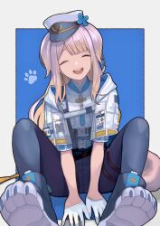  1girl :d absurdres animal_ears blonde_hair blue_pantyhose blue_shorts border closed_eyes dog_ears dog_girl dog_tail gloves half_gloves hat highres jacket light_blush maroncrmn neck_tassel nijisanji open_mouth pantyhose paw_print paw_shoes peaked_cap police_badge shioriha_ruri shioriha_ruri_(1st_costume) shorts sitting smile solo tail tassel virtual_youtuber white_border 