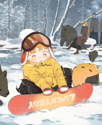  1boy baby_animal bare_tree bear bear_cub blush child coat collared_shirt forest fur-trimmed_jacket fur_trim helmet jacket long_hair mountain nature official_art open_mouth orange_hair outdoors pants papa_wolf_and_the_puppy people rushi_(mousang) shirt snow snowboard snowing tree tudou_(papa_wolf) white_shirt winter winter_clothes 