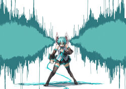  1girl absurdres adapted_hairstyle aqua_eyes aqua_hair bare_shoulders black_boots black_skirt black_sleeves boots cable commentary_request detached_sleeves english_text full_body grey_shirt hatsune_miku highres holding holding_microphone maaka_4441 microphone necktie pleated_skirt screaming shirt short_hair skirt sleeveless sleeveless_shirt solo standing thigh_boots vocaloid waveform 
